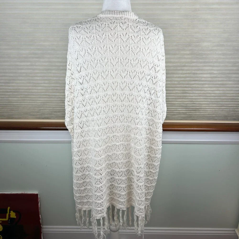 LA Hearts Cotton Linen Crochet Open Knit Open Front Longline Fringed Cardigan